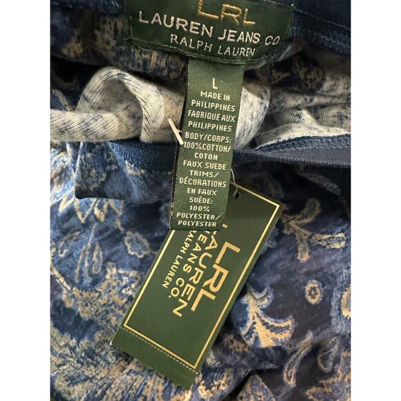 NWT Lauren Ralph Lauren Paisley Print LS Suede Elbow Shoulder Zip Top Blue Large - Picture 11 of 14